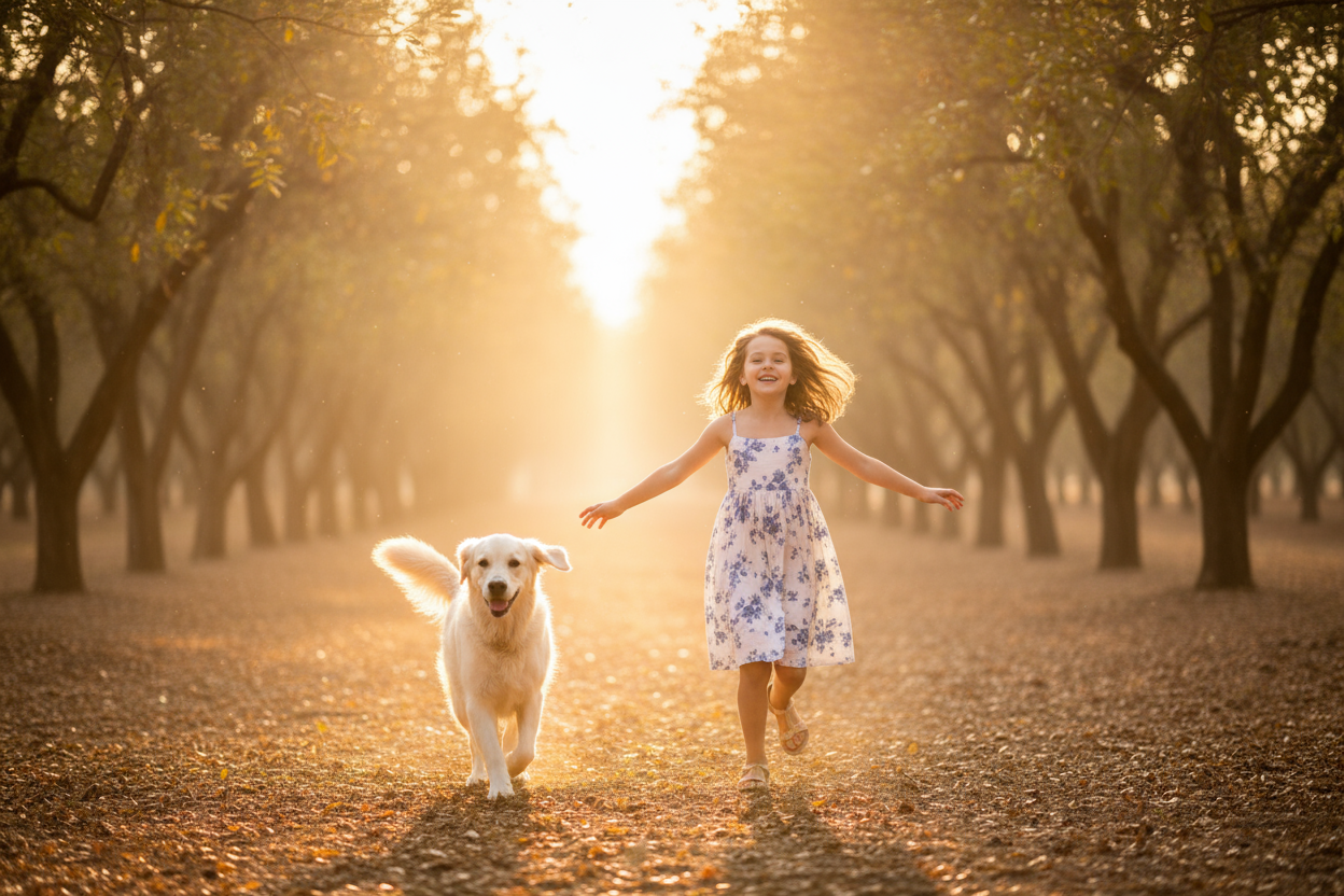 a 9 year old girl in a sundress running through a pecan orchard at sunset with her english cream golden retriever. The image should be soft sunlight making everything golden and dream like like.